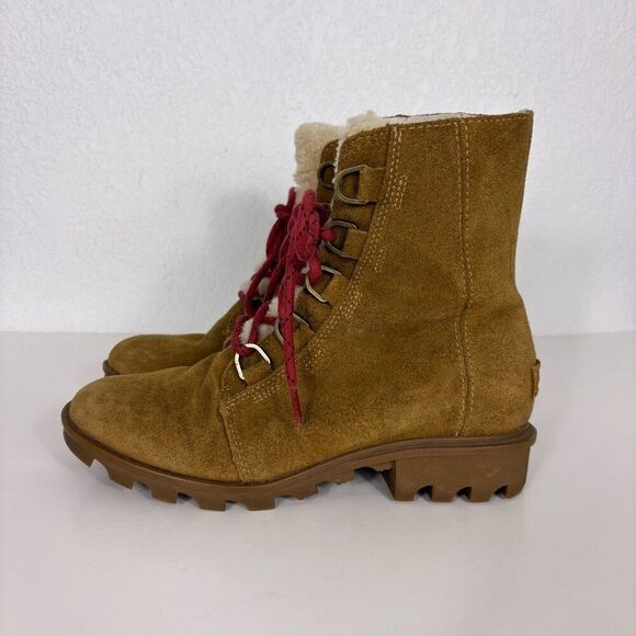 Sorel Tan Suede Sherpa Tongue Red Lace Up Mid Calf Combat Boots Women's Size 8 - Picture 1 of 11